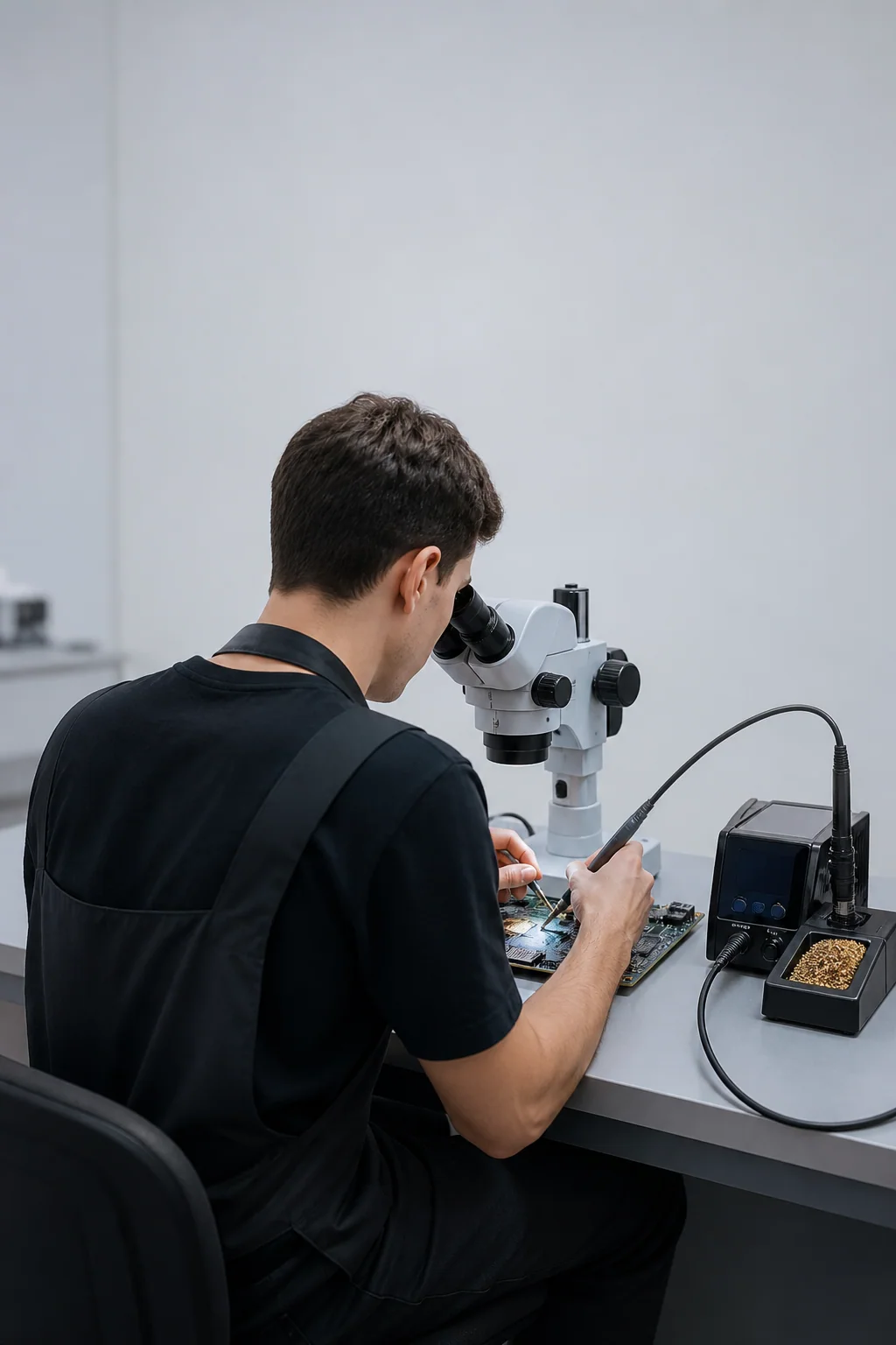 Tecnico al microscopio da ispezione mentre lavora su una scheda elettronica