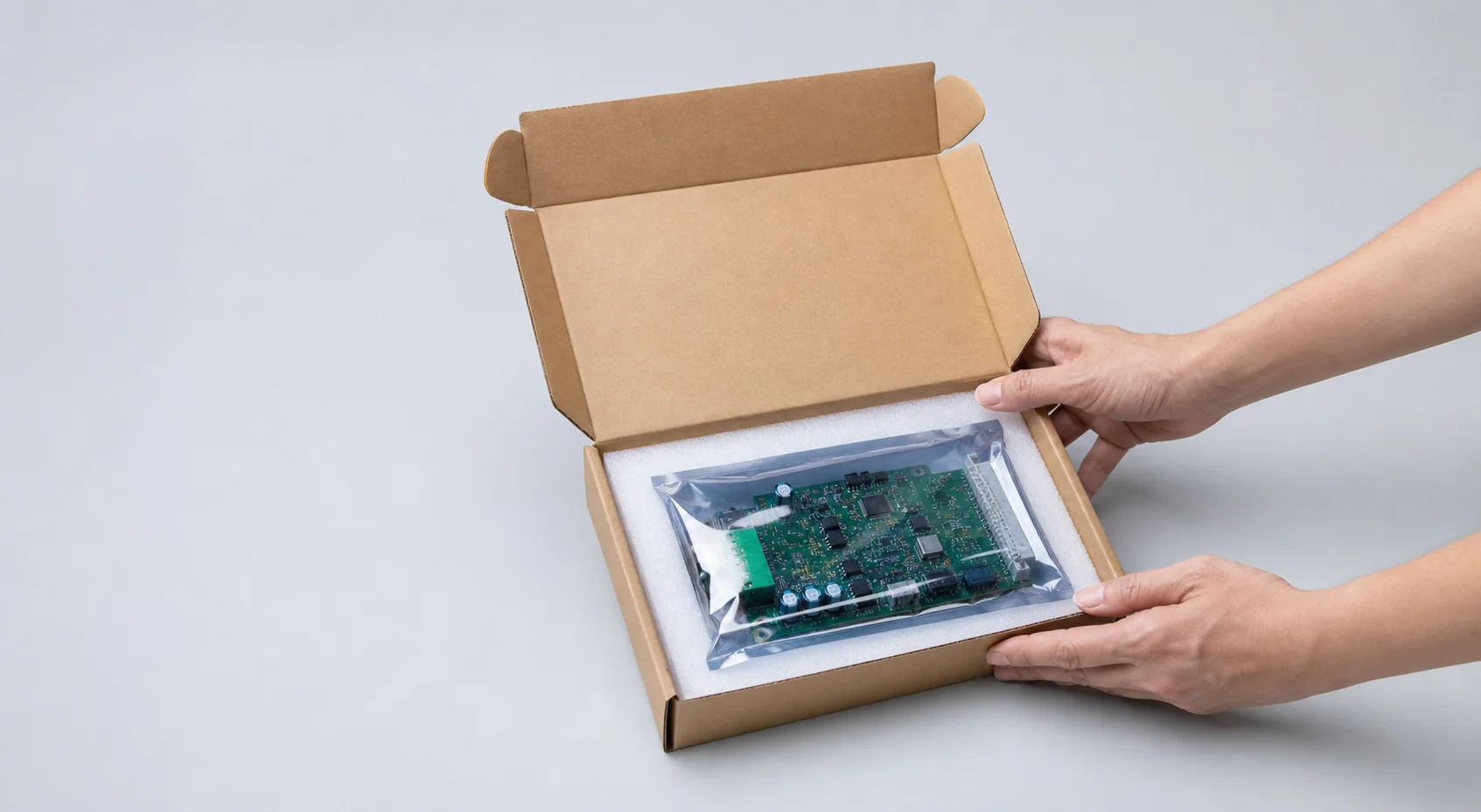 Scheda elettronica imballata e pronta per il trasporto verso il laboratorio