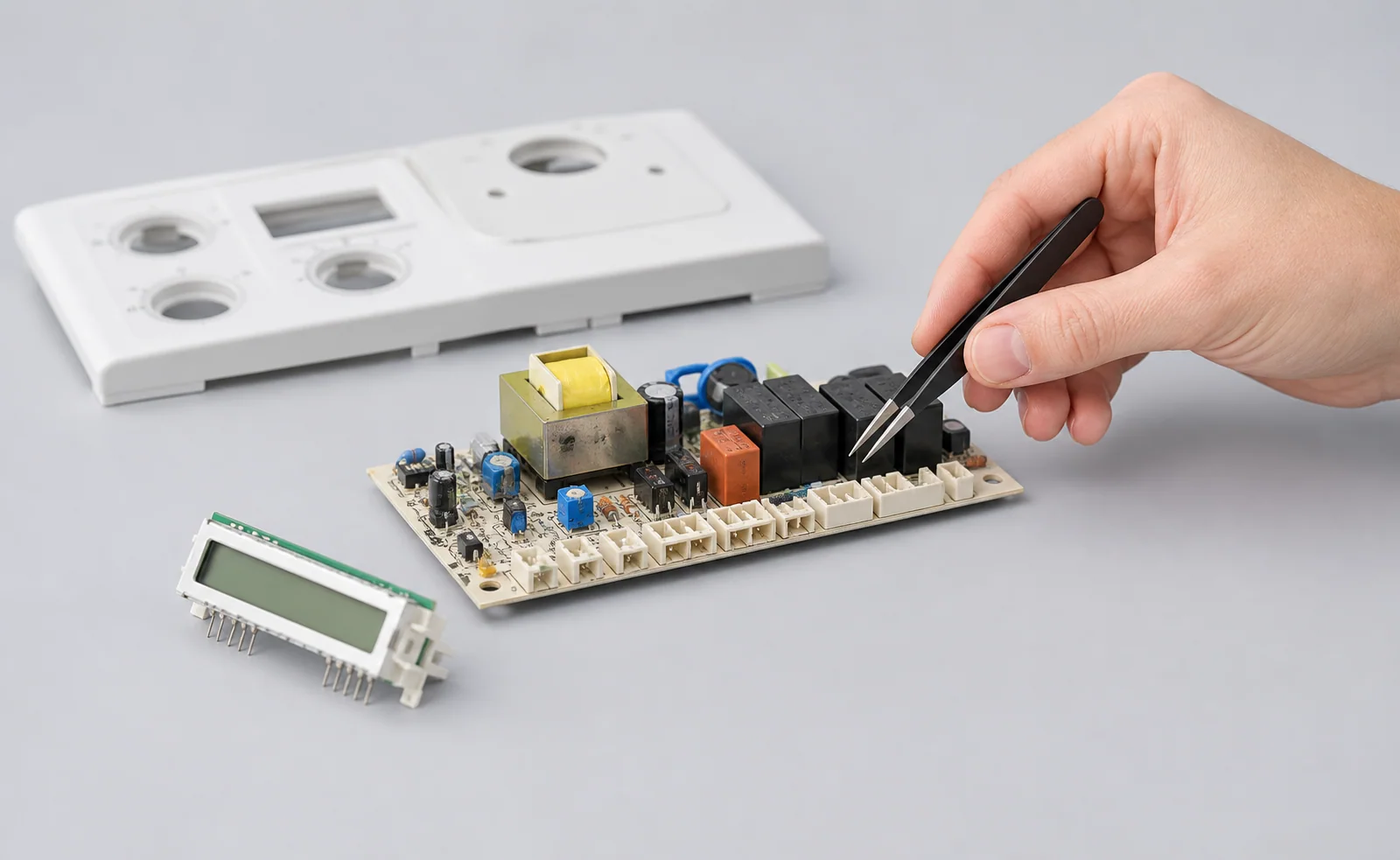 Scheda elettronica di una caldaia murale sul banco, con modulo display e pannello frontale accanto