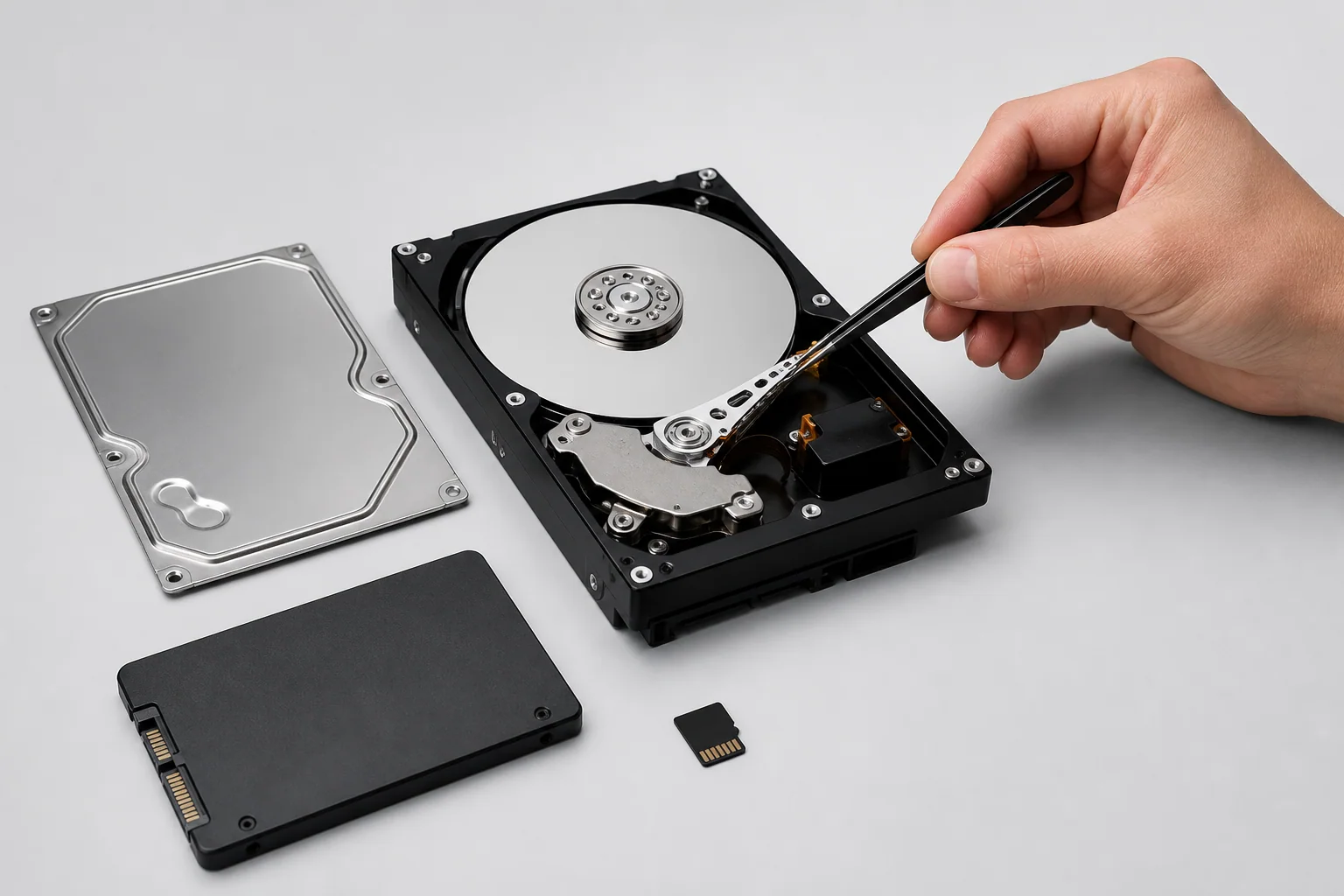 Hard disk aperto con i piatti e il braccio delle testine in vista, accanto a un SSD e una scheda di memoria
